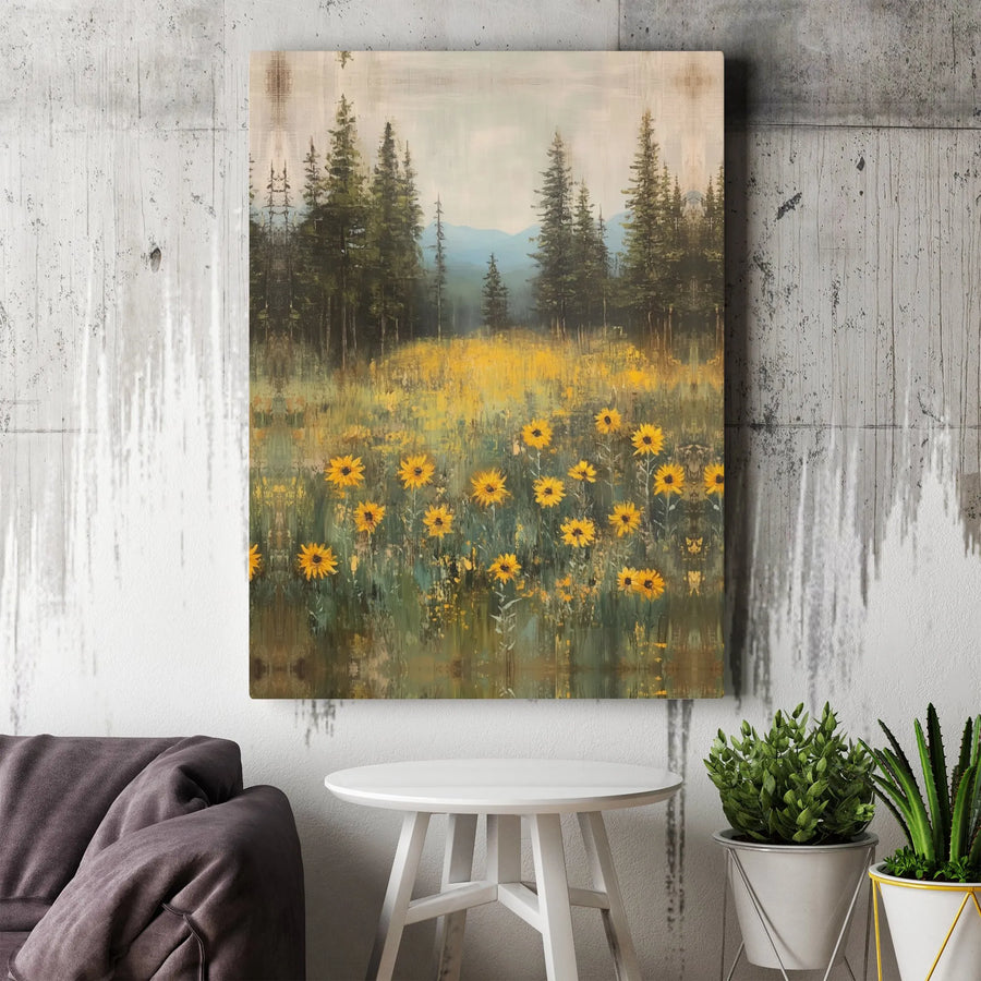 Sunflower Meadow Landscape Canvas | Forest Mountain Art Print | Gallery-Quality 1.25-Inch Profile | Nature Wall Decor Gift for Home & Office