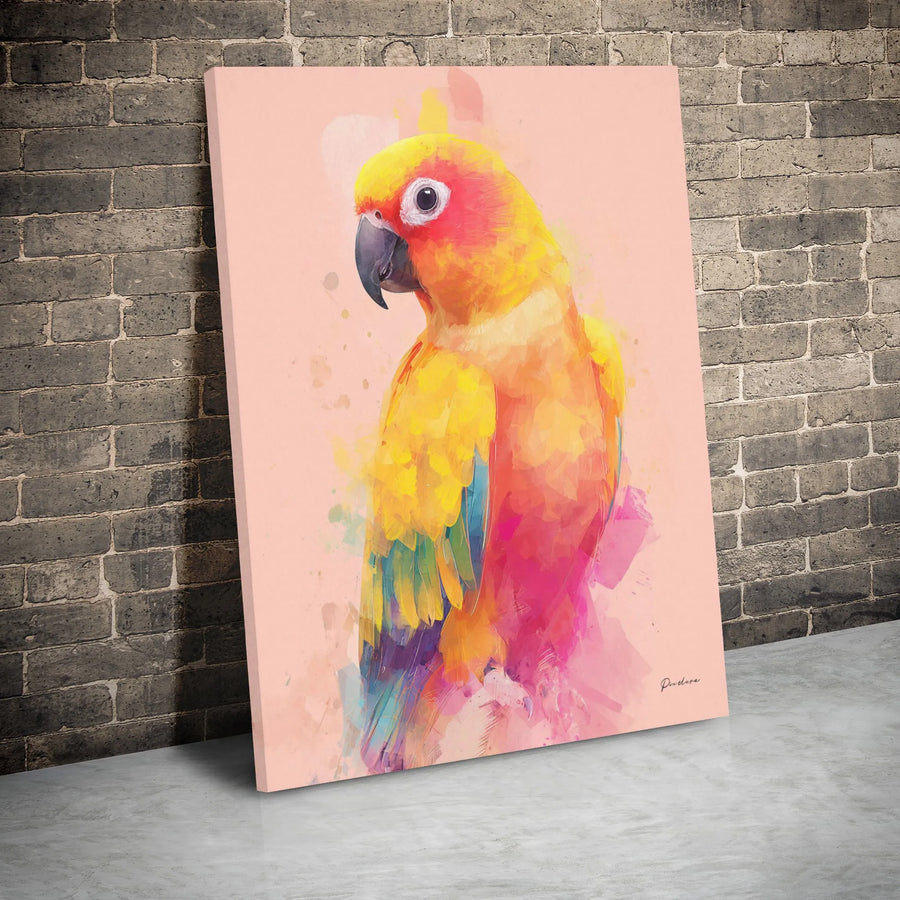 Sun Conure Parrot Wall Art | Colorful Watercolor Bird Canvas Print | Premium Gallery Wrap Decor | Gift for Bird Lovers & Avian Enthusiasts