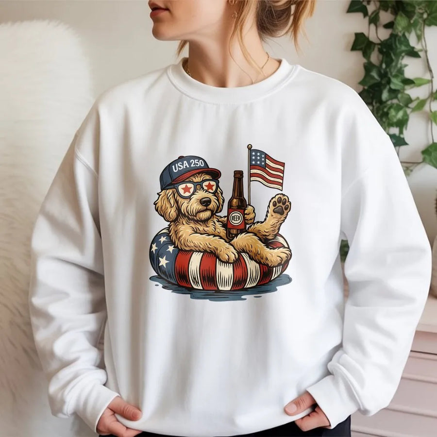 Patriotic Doodle Sweatshirt | Funny USA 250th Anniversary Dog with Beer | Cozy Cotton Blend Unisex Crewneck | 4th of July Gift for Dog Lover