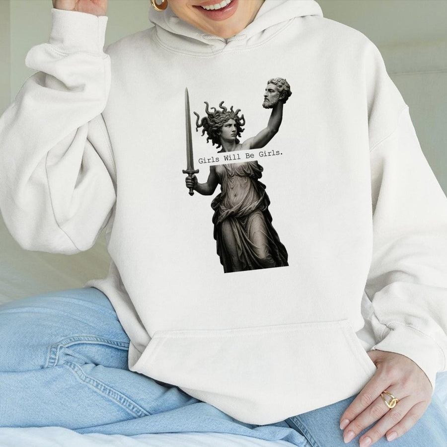 Medusa Girls Will Be Girls Hoodie | Greek Mythology Feminist Graphic Sweatshirt | Premium Cotton Blend | Gift For Mythology Lovers & Empowered Women