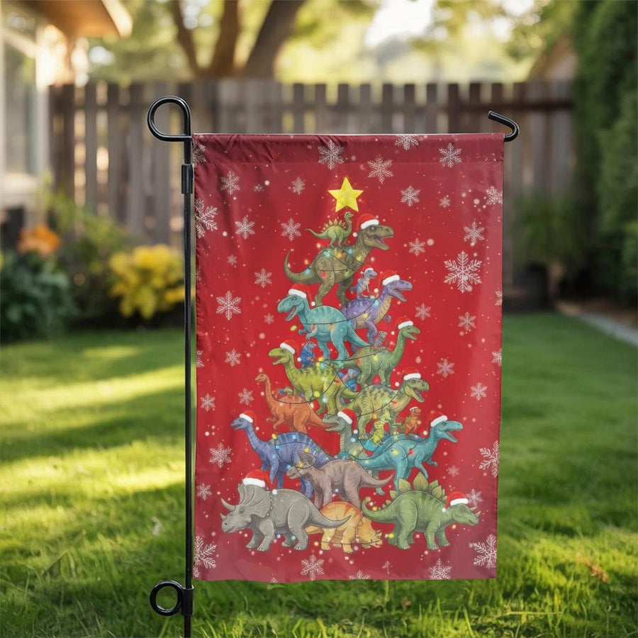 Dinosaur Christmas Tree Garden Flag | Festive T-Rex Holiday Yard Decor | Durable Premium Polyester | Unique Seasonal Gift for Dino Lovers