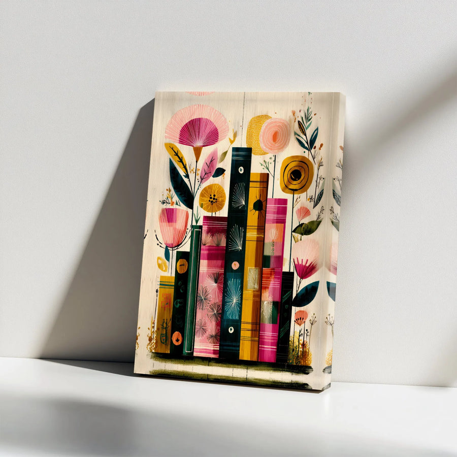 Floral Bookshelf Canvas Print | Retro Botanical Illustration | Premium Gallery Wrapped Canvas | Gift for Book Lover and Reader