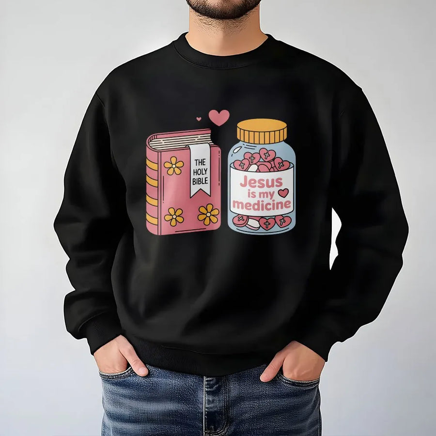 Jesus Is My Medicine Sweatshirt | Cute Bible & Medicine Jar Graphic | Soft Cotton Blend Pullover | Faith Based Religious Gift for Women and Men