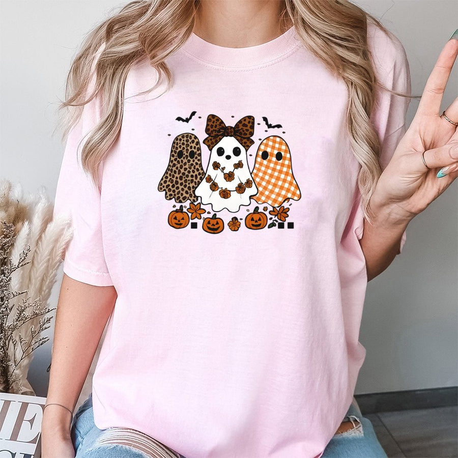 Ghost Trio Halloween T-Shirt | Leopard Gingham Bow Graphic | Premium Soft Cotton | Cute Fall Pumpkin Apparel for Women