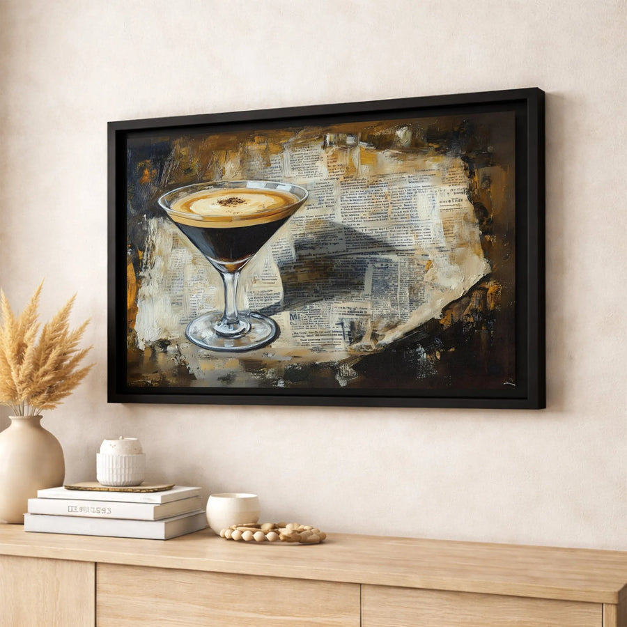Espresso Martini Canvas Print | Abstract Cocktail Art on Newspaper Background | Premium Gallery-Wrapped Wall Decor | Bar Cart Gift for Coffee Lovers