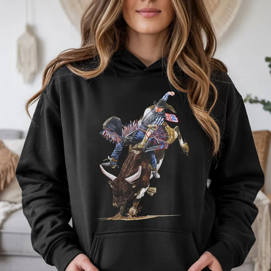 Rodeo Bull Riding Hoodie | Cowboy Action Graphic Sweatshirt | Premium Cotton-Poly Blend | Western Country Gift For Men And Women