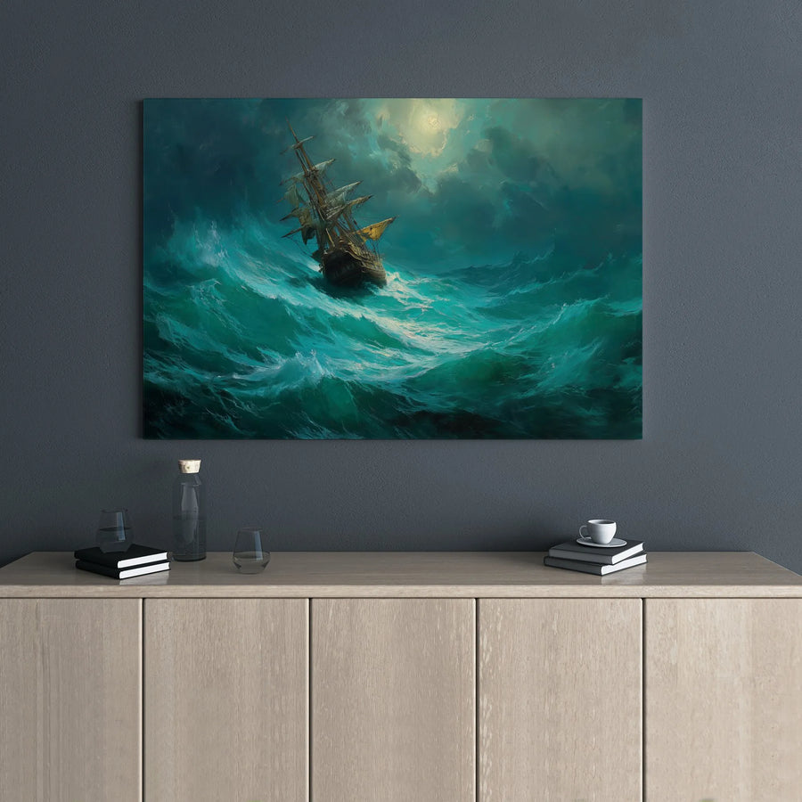 Stormy Sea Sailing Ship Canvas Print | Moody Ocean Nautical Wall Art | 1.25" Gallery Wrap Premium Canvas | Gift for Sailors and Beach House Decor