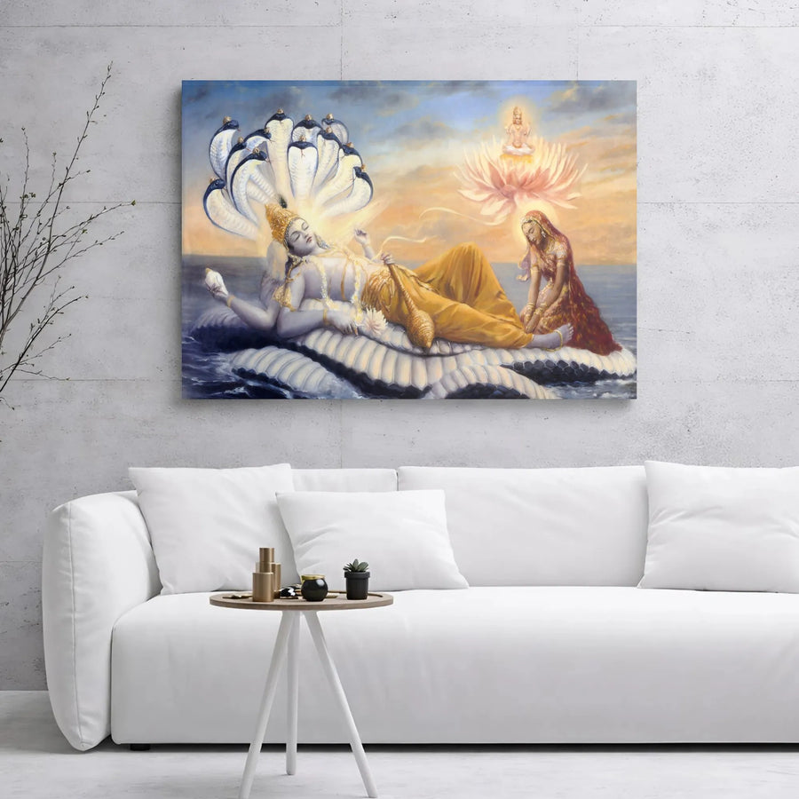 Lord Vishnu Canvas Art | Reclining On Shesha Naga With Lakshmi | Gallery Wrap Premium Print | Spiritual Home Decor Gift