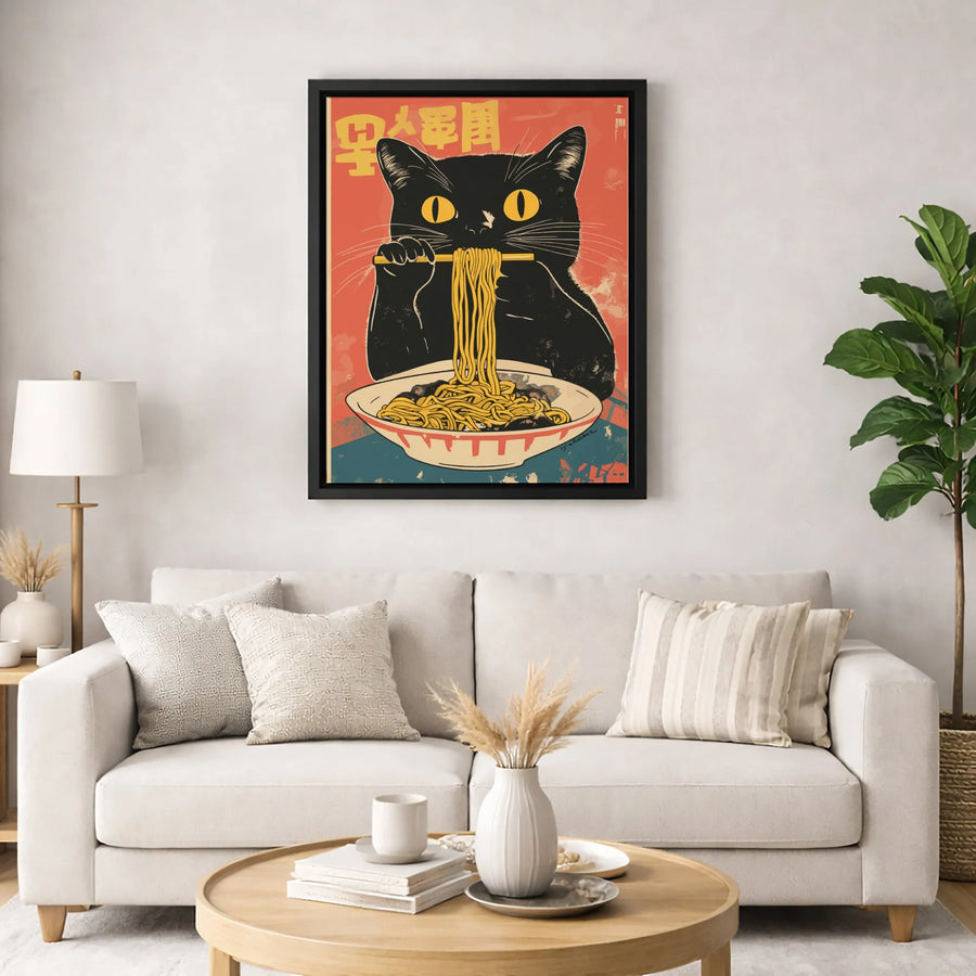 Black Cat Ramen Canvas Wall Art | Vintage Japanese Style Anime Poster | Premium 1.25-Inch Gallery Wrap | Funny Kitchen Decor Gift for Cat Lovers