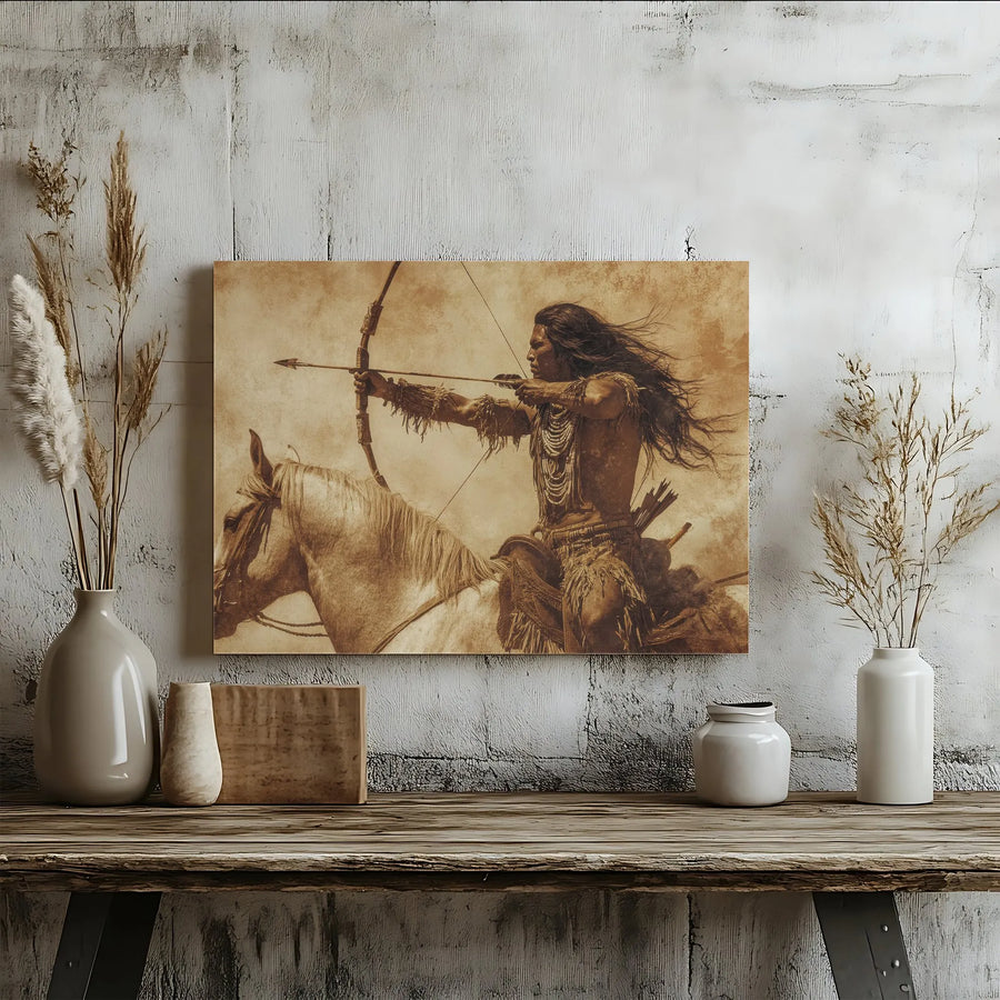 Native American Warrior Wall Art | Sepia Tone Archer On Horseback | Premium Gallery Wrapped Canvas | Western Decor For Living Room Gift