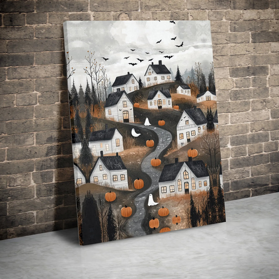 Halloween Village Canvas Art | Spooky Ghost and Pumpkin Town Wall Decor | Gallery Quality 1.25" Thick Print | Autumn Seasonal Home Gift