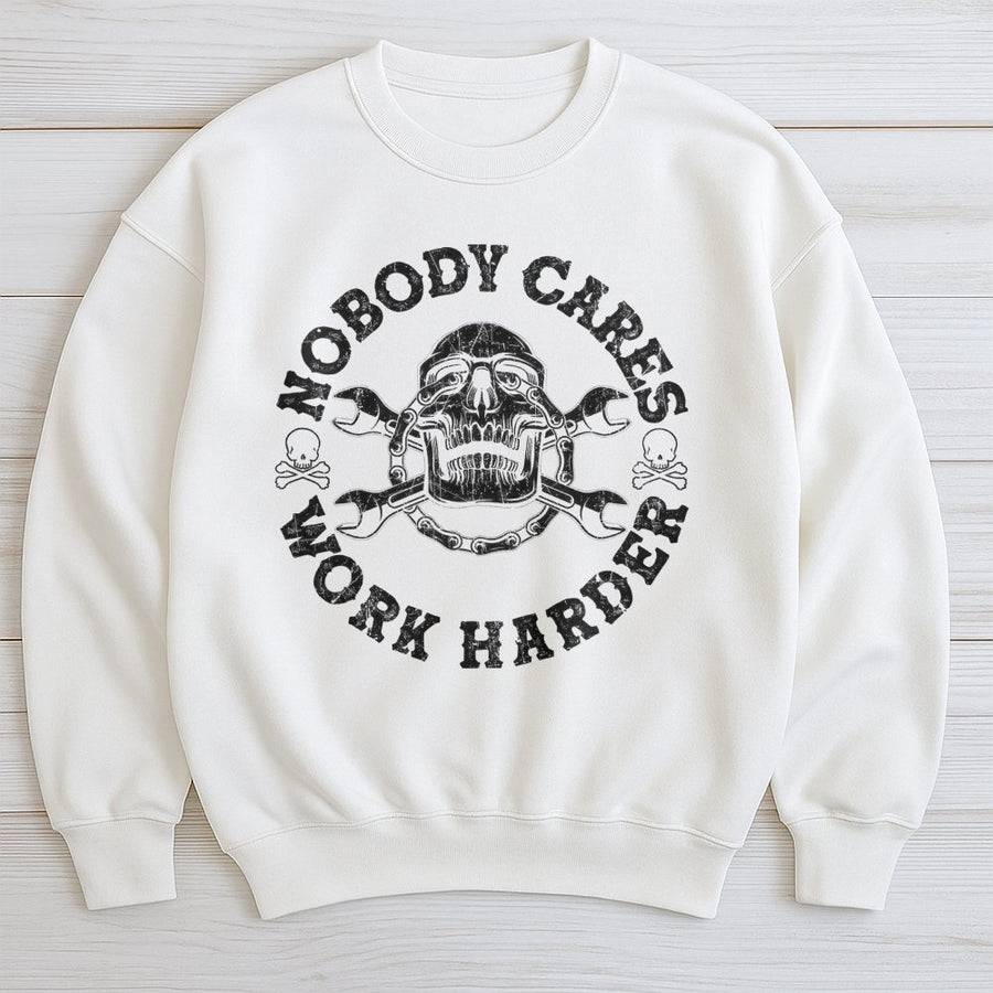 Nobody Cares Work Harder Sweatshirt | Mechanic Skull Wrench Graphic | Premium Cotton Blend | Motivational Fitness Gym Gift for Men & Women