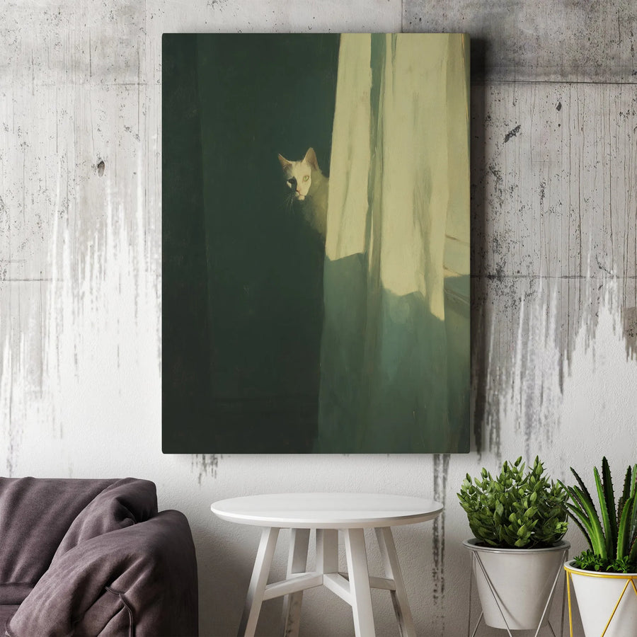 White Cat Peeking Behind Curtain Canvas Art | Moody Impressionist Wall Decor | Premium Fade-Resistant Gallery Print | Perfect Gift for Cat Lovers