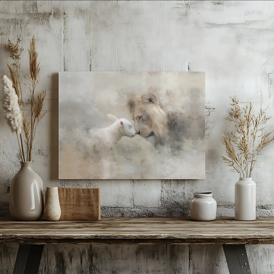 Lion and Lamb Wall Art | Watercolor Religious Canvas Print | Premium 1.25 Inch Gallery Wrap | Inspirational Christian Home Decor Gift