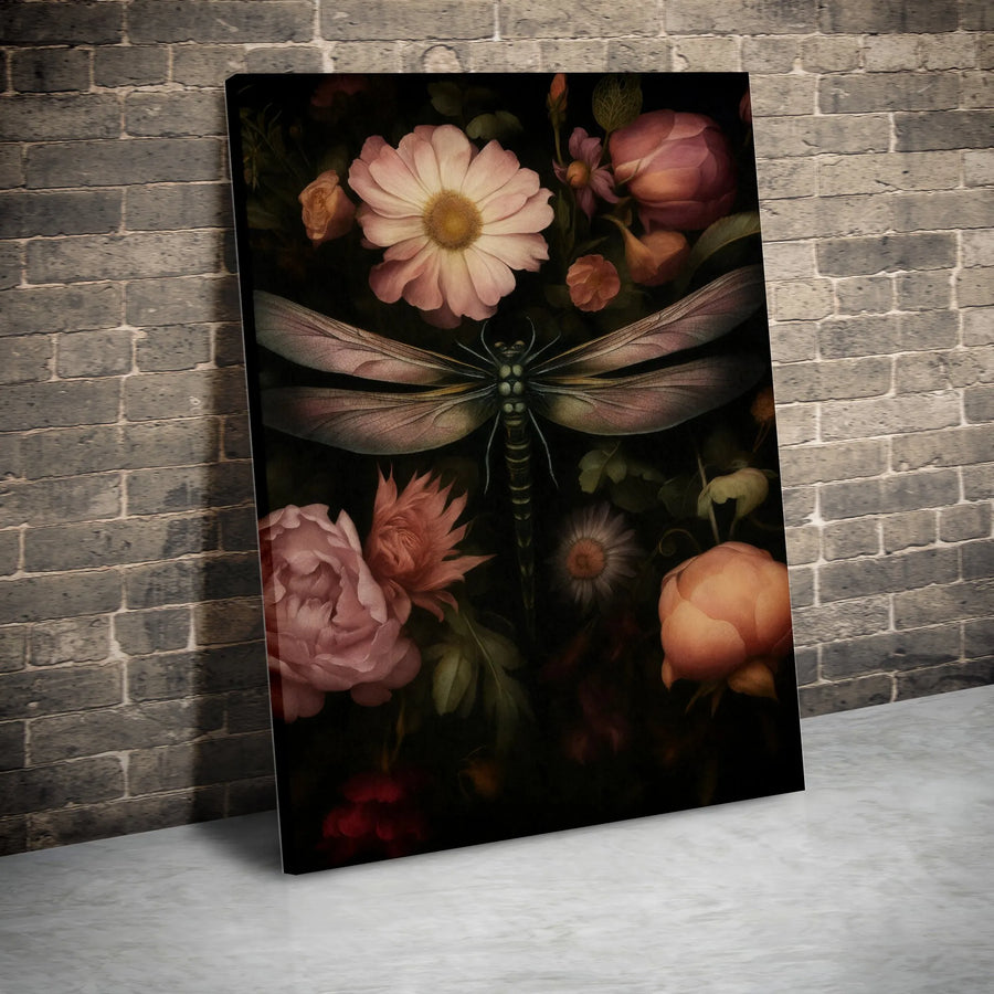 Dragonfly Canvas Wall Art | Moody Botanical Floral Print | Premium 1.25" Gallery Wrap | Dark Cottagecore Home Decor Gift