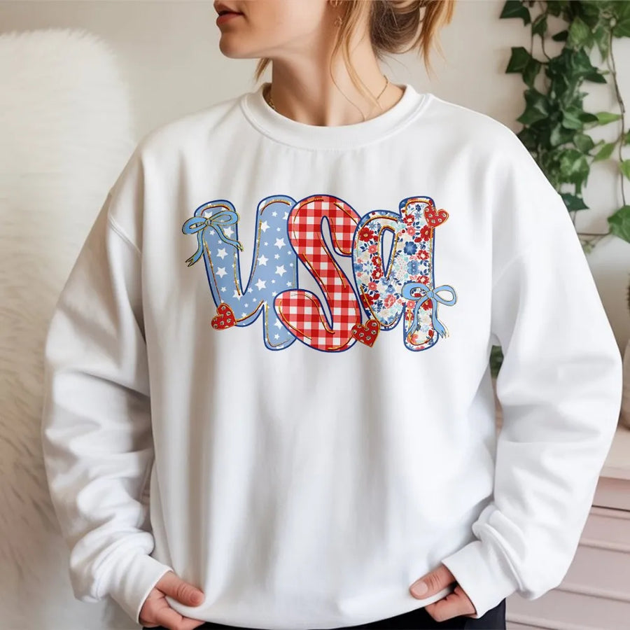 Coquette USA Sweatshirt | Preppy Floral Stars and Stripes Design | Soft Cotton Blend | 4th of July Patriotic Gift for Women