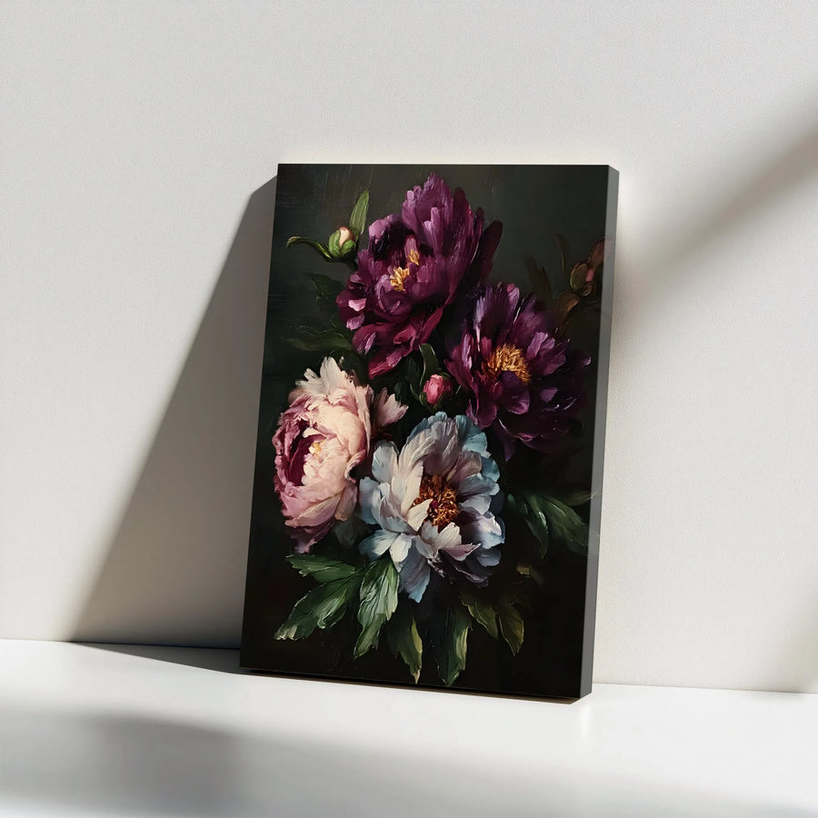 Moody Peony Canvas Wall Art | Vintage Botanical Oil Painting Print | Premium Thick Gallery Wrap | Living Room & Bedroom Home Decor Gift