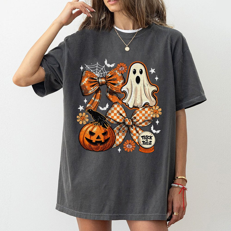 Halloween Ghost Coquette T-Shirt | Retro Spooky Pumpkin Bow Graphic | 100% Premium Cotton Tee | Cute Fall Aesthetic Gift for Her