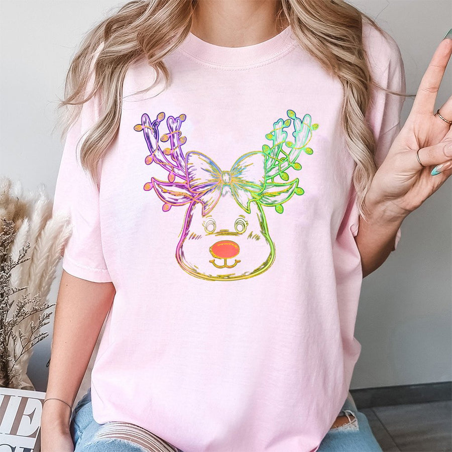 Neon Reindeer Christmas T-Shirt | Coquette Bow Holiday Graphic | 100% Cotton Premium Tee | Cute Festive Winter Gift for Her