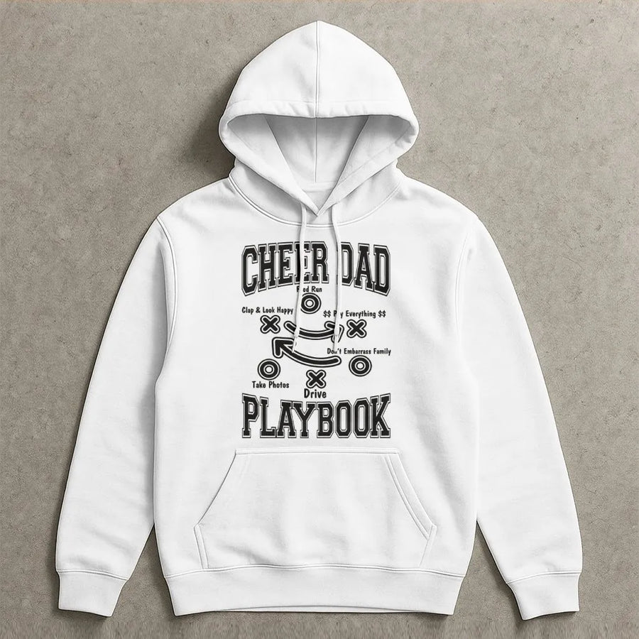 Cheer Dad Playbook Hoodie | Funny Cheerleading Dad Graphic Sweatshirt | Premium Cotton Blend | Perfect Gift for Sports Dads and Cheer Parents