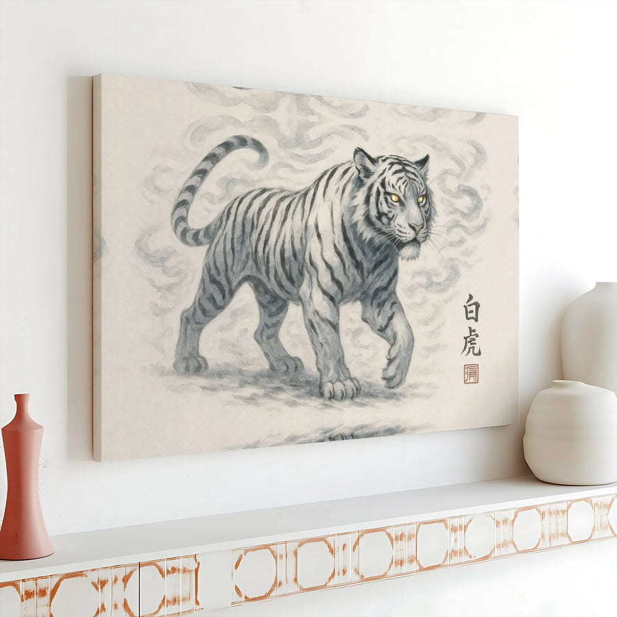 White Tiger Canvas Wall Art | Japanese Ink Wash Style Print | 1.25 Inch Gallery Wrap | Zen Home Office Decor Gift