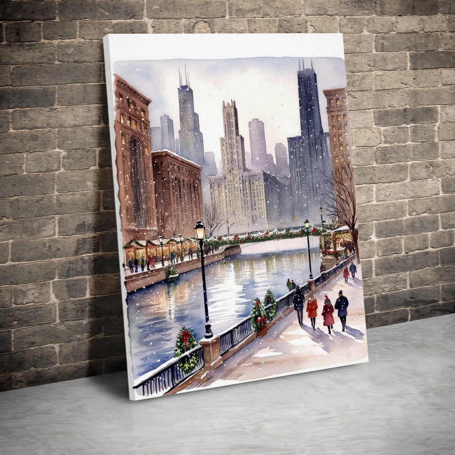 Chicago Riverwalk Wall Art | Winter Christmas Snow Landscape | Premium Gallery Canvas | Holiday Decor Gift for City Lovers