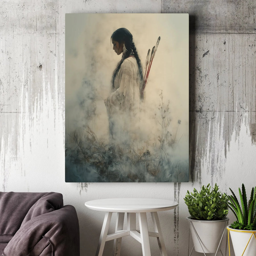 Native American Woman Wall Art | Ethereal Portrait with Arrows in Mist | Premium Gallery-Wrapped Canvas | Western Home Decor for Living Room