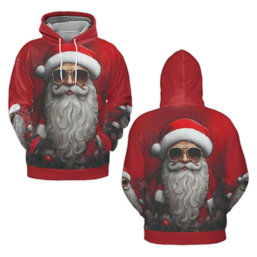 Cool Santa Hoodie | 3D Sunglasses Christmas Graphic | Brushed Fleece Polyester Knit | Unisex Holiday Gift Pullover