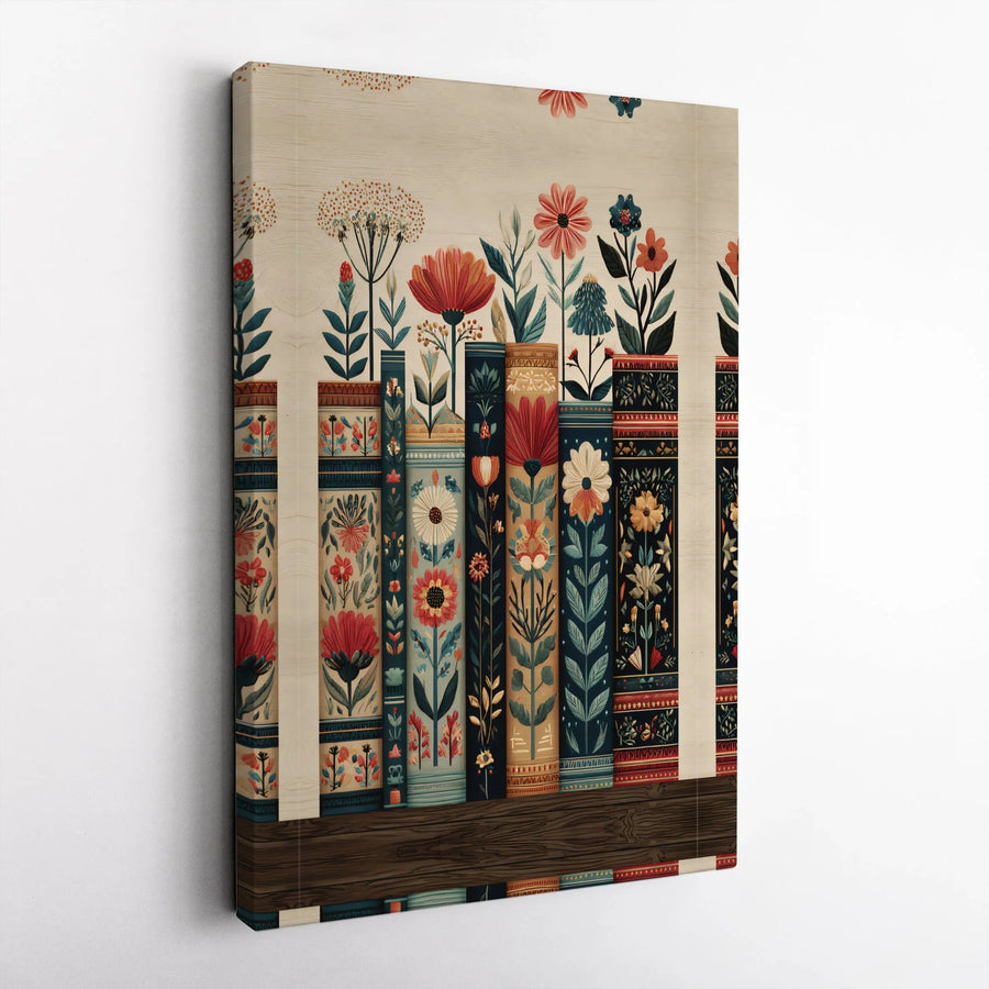Floral Bookshelf Canvas Print | Vintage Botanical Book Spine Art | Premium Thick Gallery Canvas | Gift for Readers & Librarian
