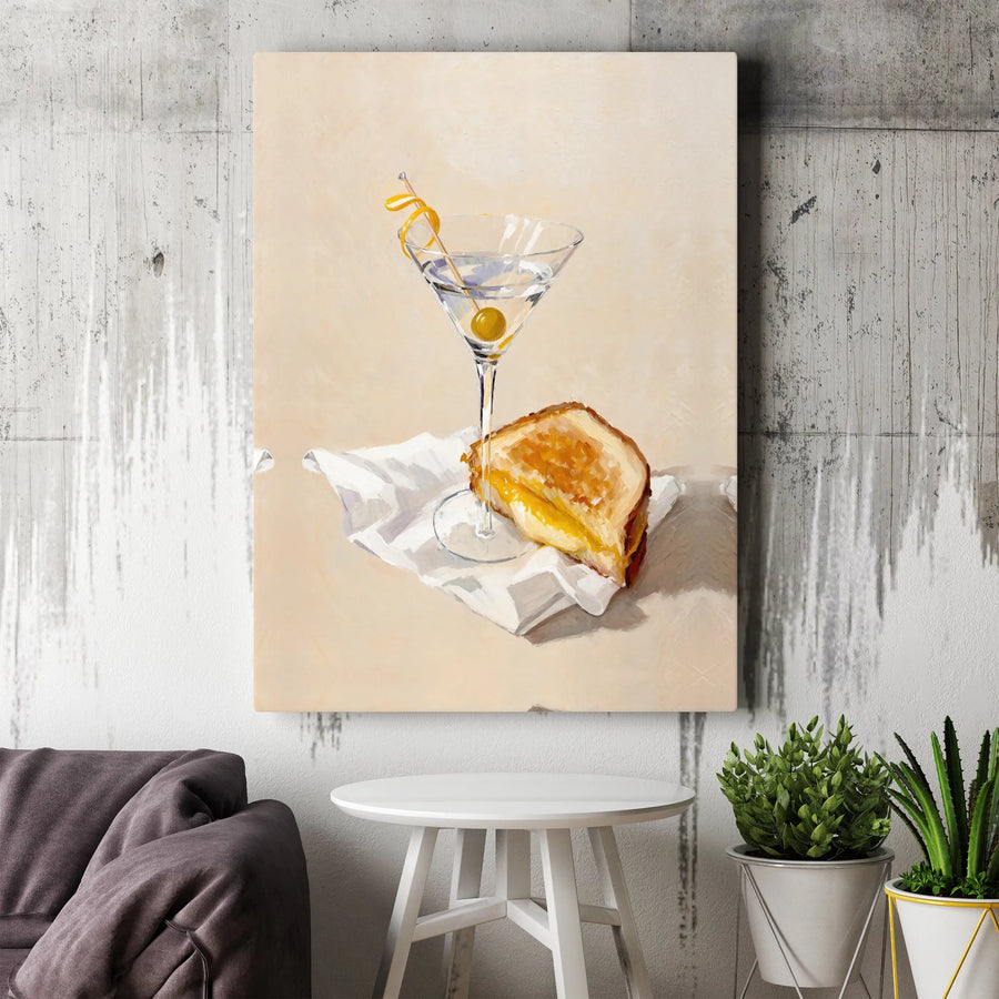 Martini and Grilled Cheese Still Life Canvas | Gourmet Food Kitchen Wall Art | Premium Gallery Wrap Print | Modern Decor Gift for Foodies