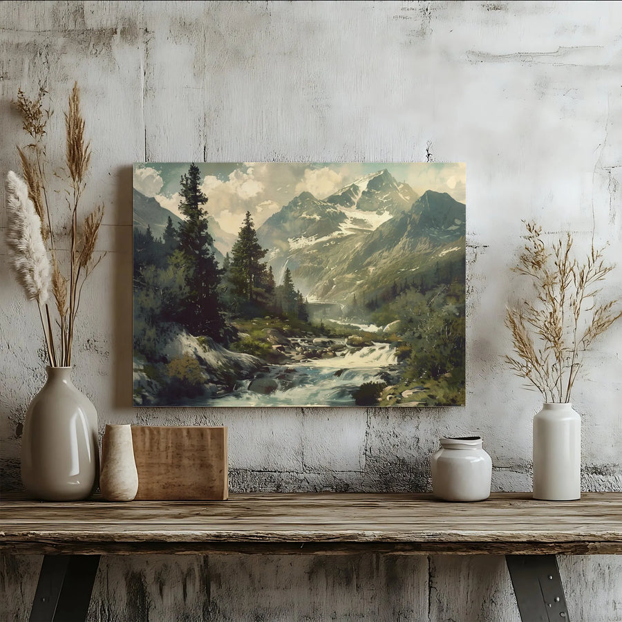 Mountain Landscape Canvas Wall Art | Vintage Pine Forest & River Scene | Premium Gallery Wrap Canvas | Rustic Home & Cabin Decor Gift