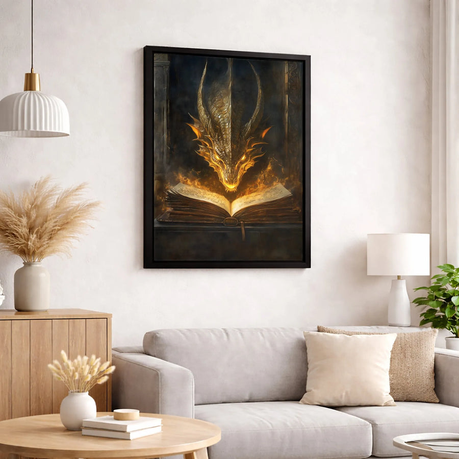 Golden Dragon Wall Art | Mystical Fiery Book Fantasy Print | Premium Gallery Wrapped Canvas | Epic Gift for Fantasy Lovers and Readers