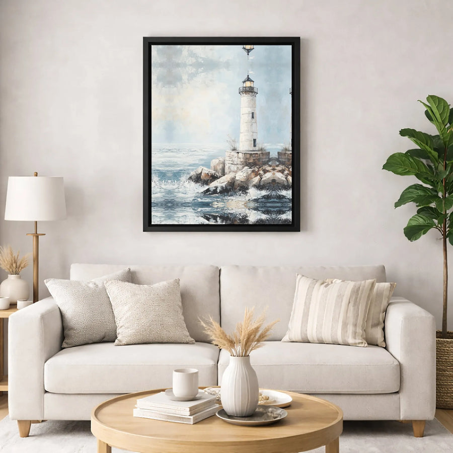 Lighthouse Wall Art Canvas | Painterly Coastal Seascape Print | 1.25-Inch Premium Gallery Profile | Nautical Home Decor Gift for Beach Lovers