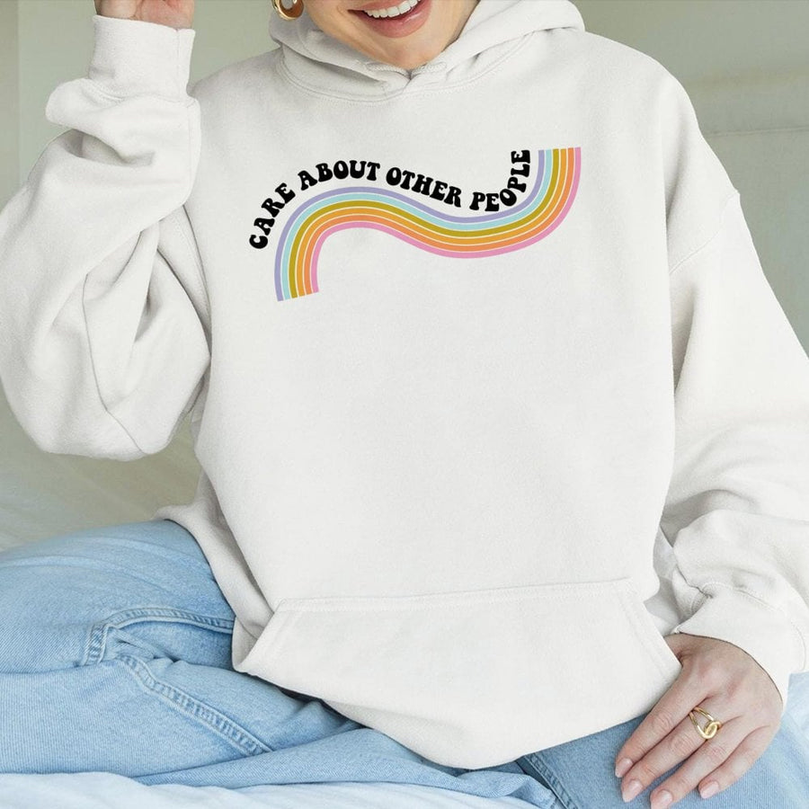 Care About Other People Hoodie | Rainbow Retro Typography Graphic | Premium Cotton Blend | Inspirational Unisex Gift for Social Justice Activists