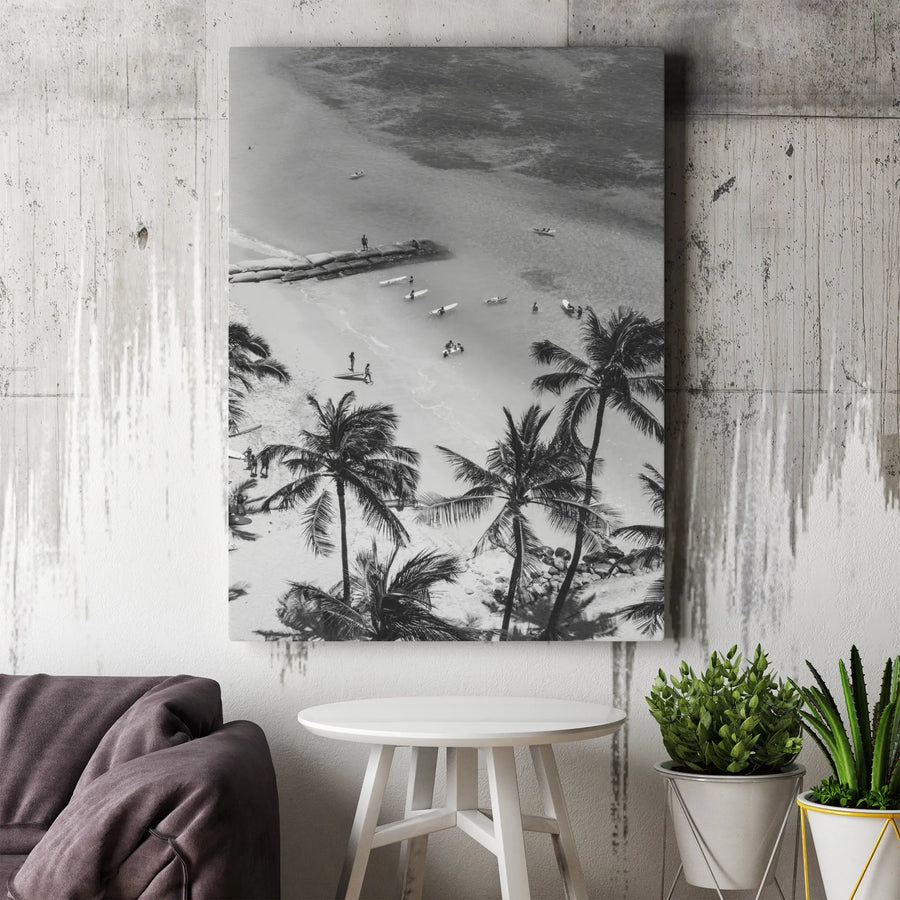 Vintage Beach Palm Trees Vertical Canvas | Aerial Coastal Landscape Art with Surfers | Premium 1.25 Inch Gallery Wrap | Minimalist Black and White Home Decor Gift