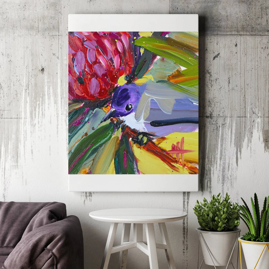 Fairy Wren Waratah Canvas Print | Vibrant Impasto Style Australian Bird and Flower Wall Art | Premium Thick Profile Canvas | Modern Home Decor Gift for Nature Lover