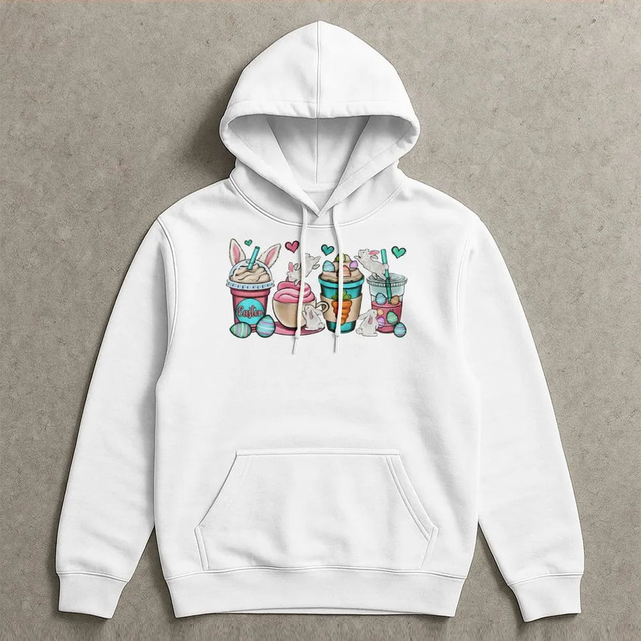 Easter Coffee Hoodie | Cute Bunny Rabbit Coffee Cups Graphic Print | Premium Cotton-Poly Blend | Seasonal Holiday Gift For Her