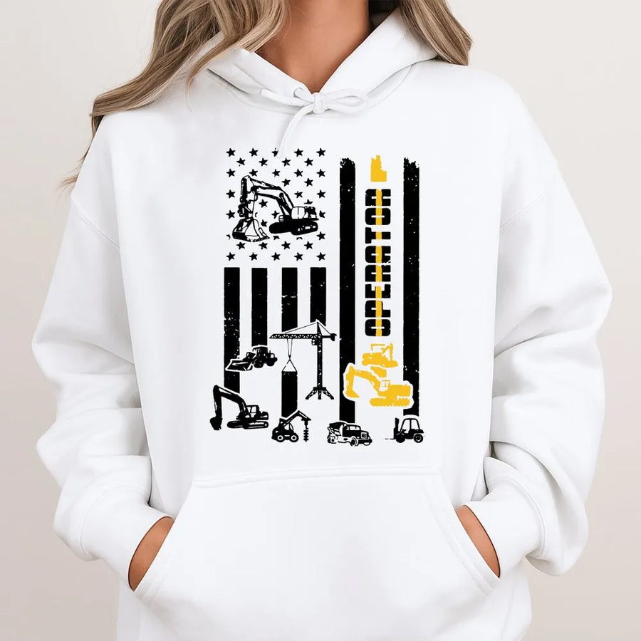 Heavy Equipment Operator Hoodie | American Flag Construction Graphic | Premium Cotton Blend | Gift for Construction Worker