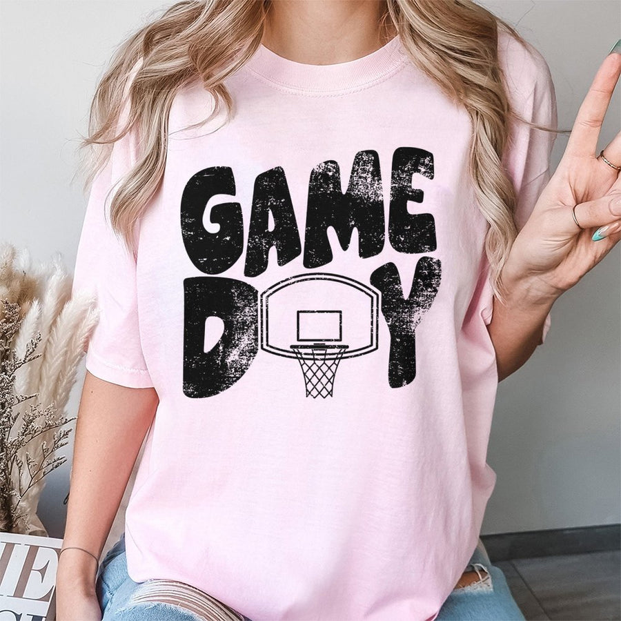 Game Day Basketball T-Shirt | Distressed Graphic Hoop Design | Premium Soft Cotton Tee | Sporty Gift for Basketball Moms, Players, and Fans