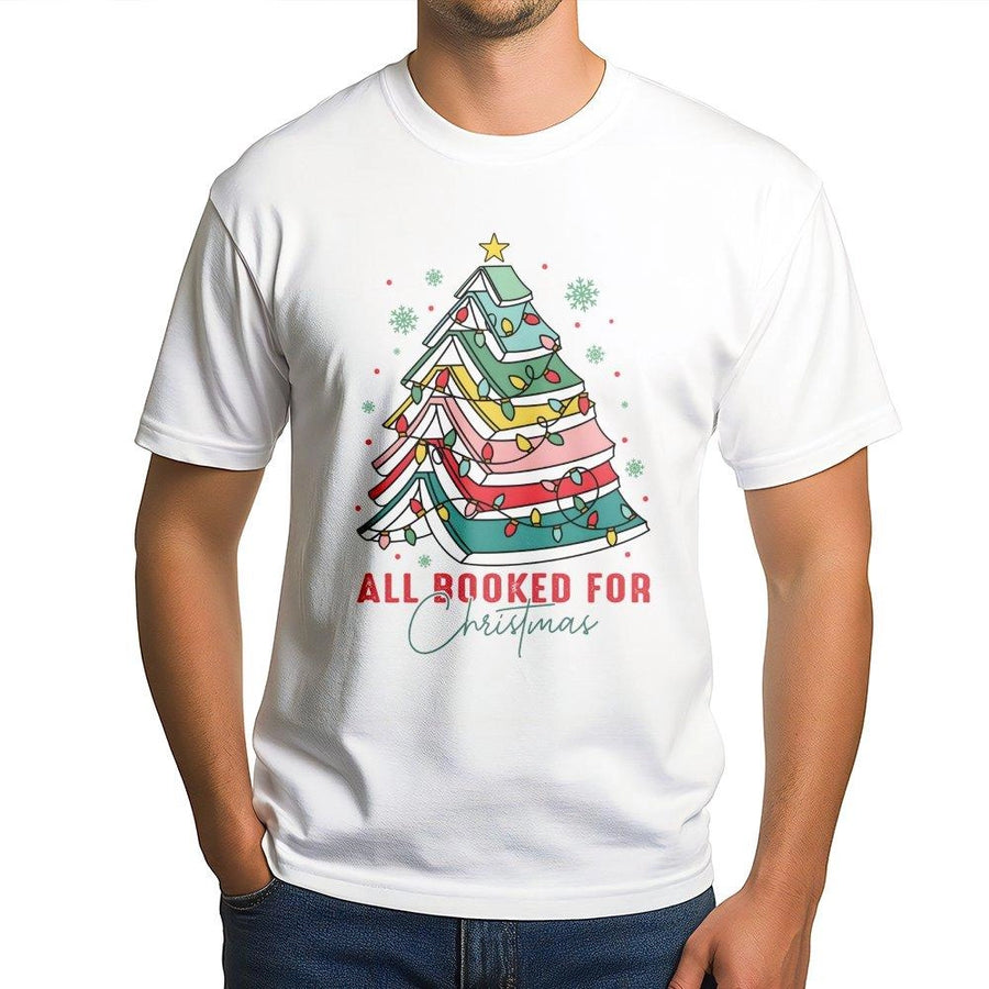 All Booked For Christmas T-Shirt | Book Tree Graphic Tee | Premium Cotton Soft Print | Librarian Teacher Holiday Gift Apparel