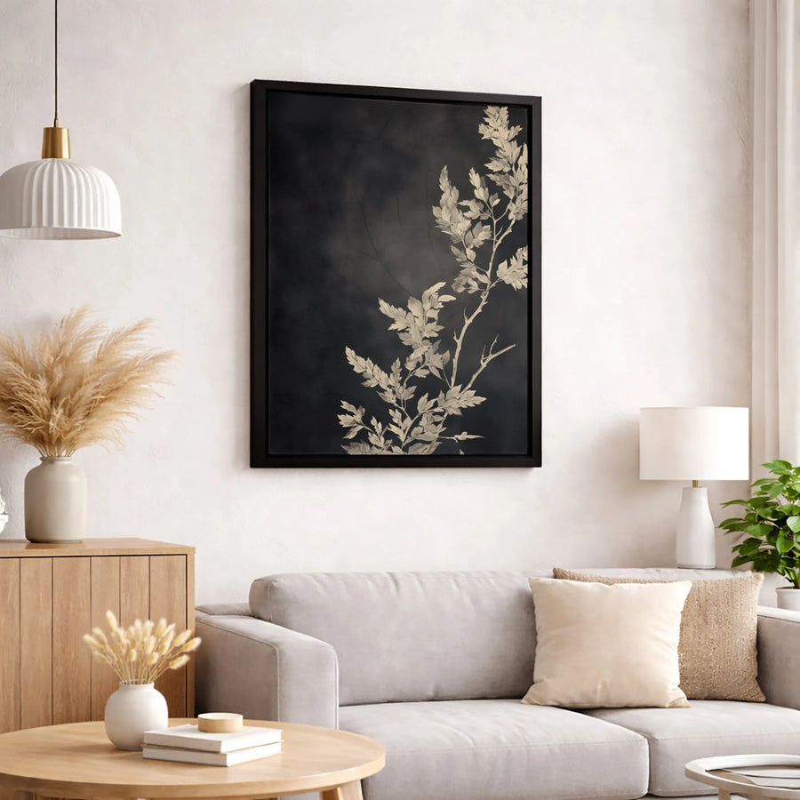Botanical Leaf Canvas Wall Art | Moody Black and White Plant Illustration | Premium Gallery Wrapped Print | Modern Minimalist Home Decor Gift