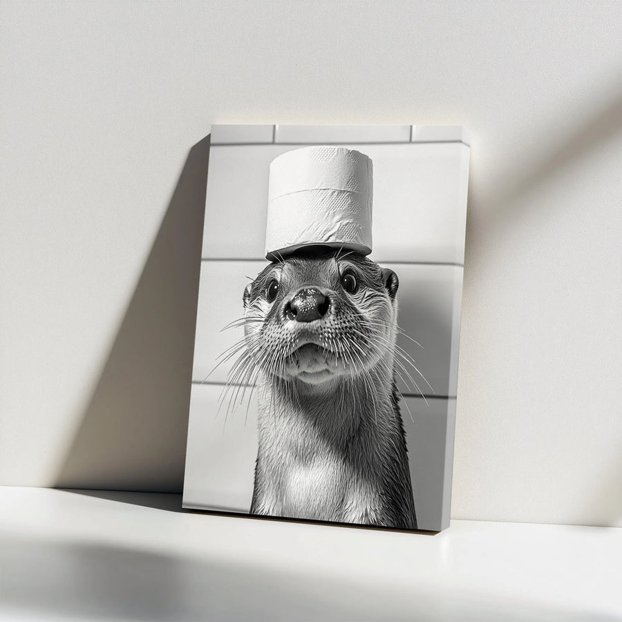 Funny Otter Canvas Wall Art | Bathroom Humor Toilet Paper Hat | Premium Gallery Wrap Print | Whimsical Animal Decor For Home Or Office