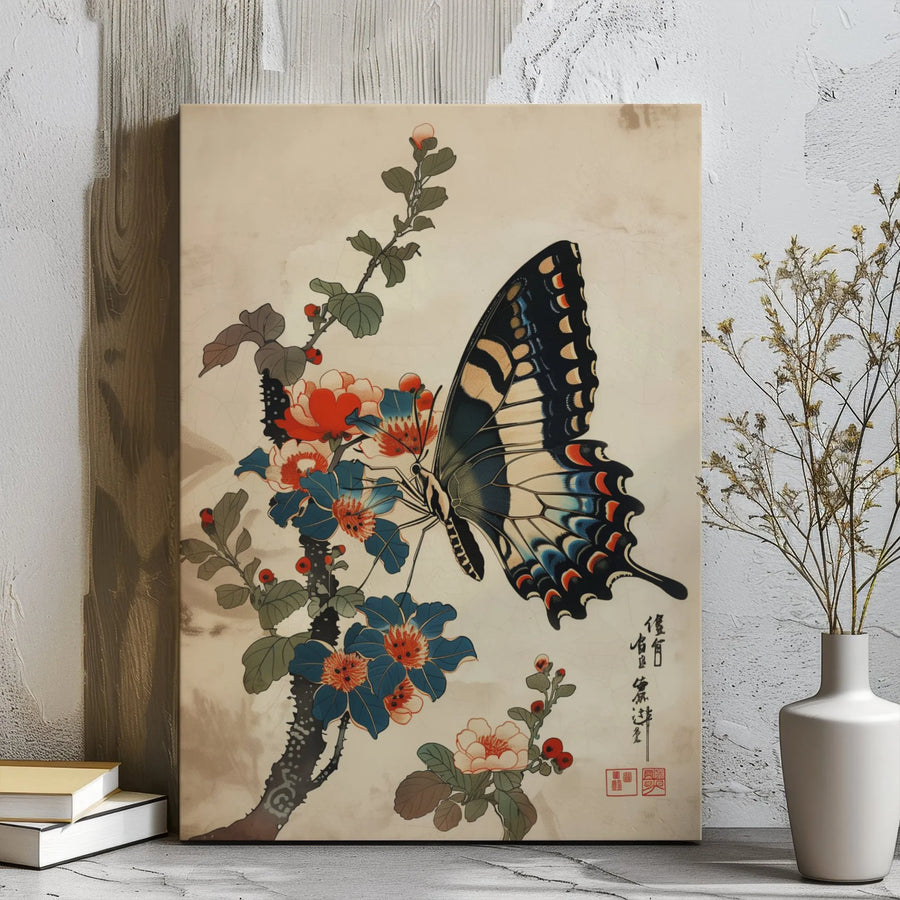 Japanese Swallowtail Butterfly Canvas Art | Vintage Floral Ukiyo-e Print | Gallery Wrapped Premium Canvas | Elegant Home Decor Gift