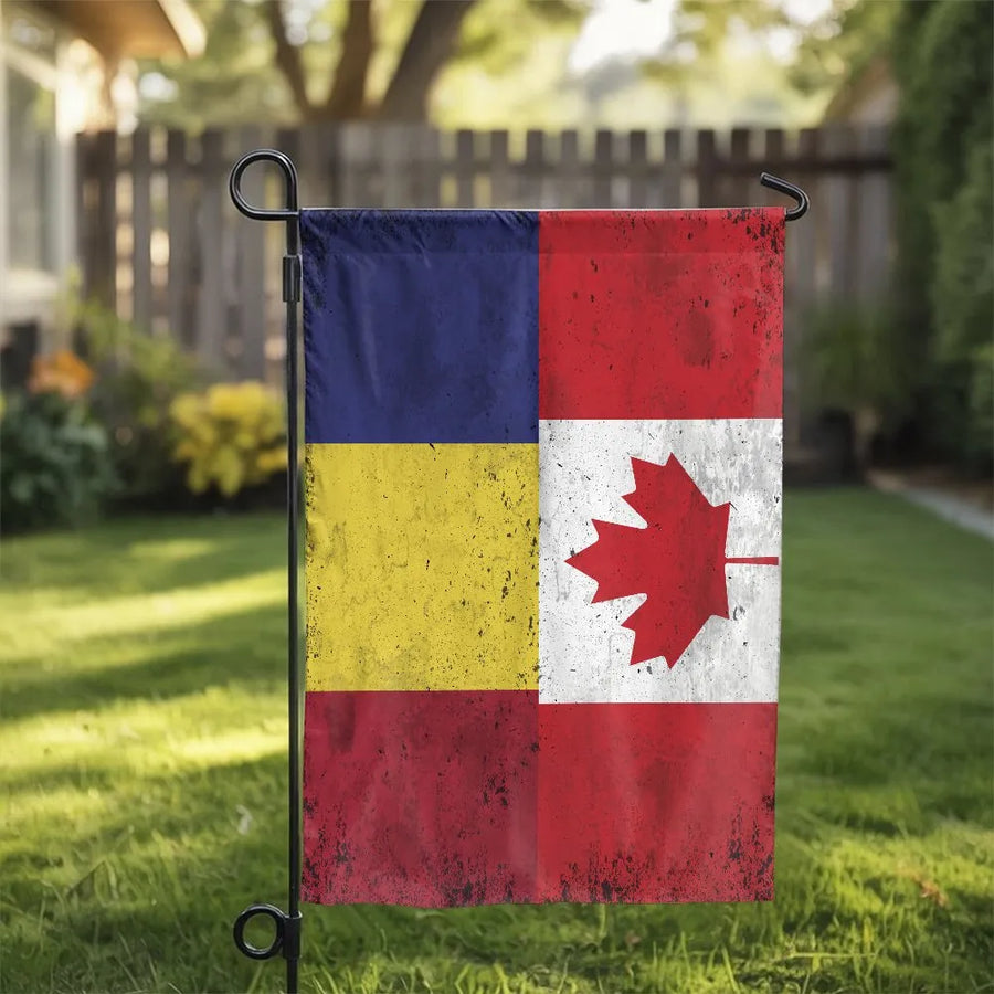 Romanian Canadian Garden Flag | Vintage Distressed Heritage Design | Double Sided Polyester | Patriotic Home Decor Gift for Romanian Canadians