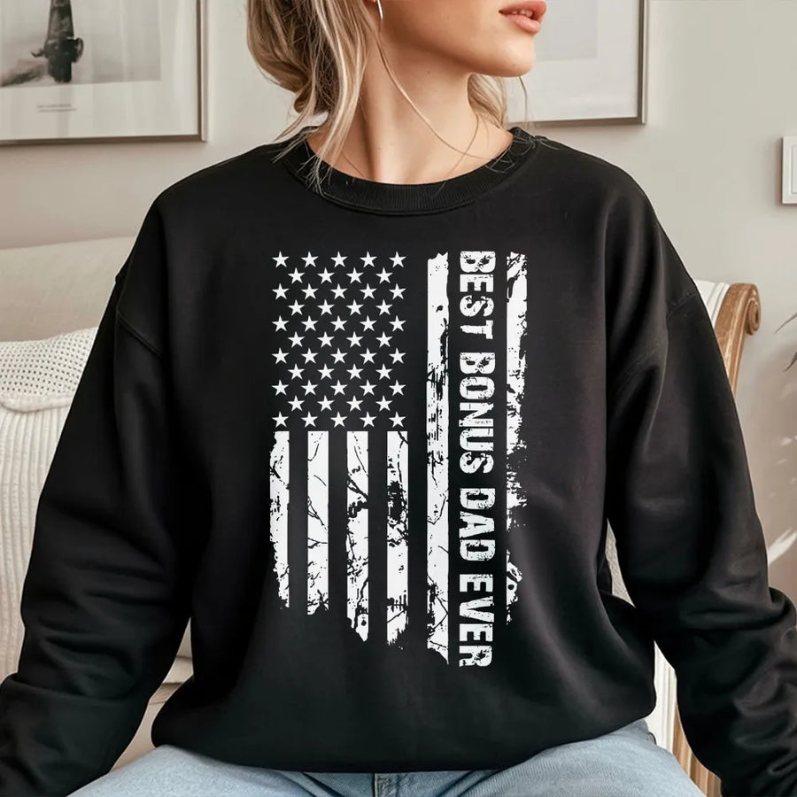 Best Bonus Dad Sweatshirt | Distressed American Flag Graphic | Premium Cotton Blend | Father's Day Gift for Stepdad
