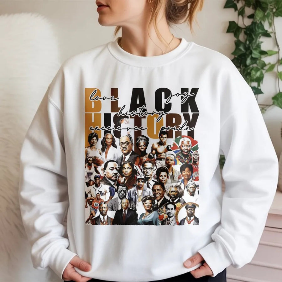 Black History Month Sweatshirt | Iconic Leader Collage Graphic Print | Cotton Blend Premium Crewneck | Unisex Cultural Pride Gift for Adults