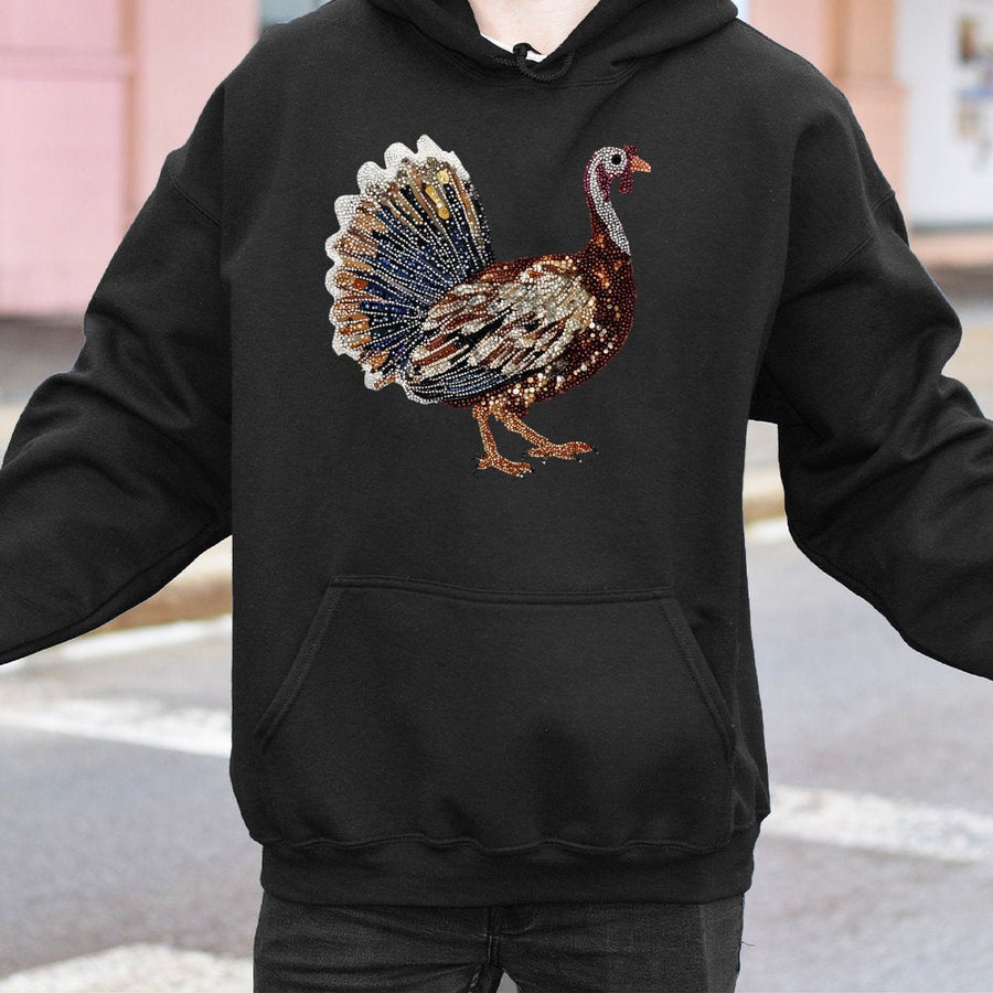 Turkey Hoodie | Rhinestone Look Thanksgiving Graphic | Premium Cotton Blend | Unisex Fall Gift For Men And Women