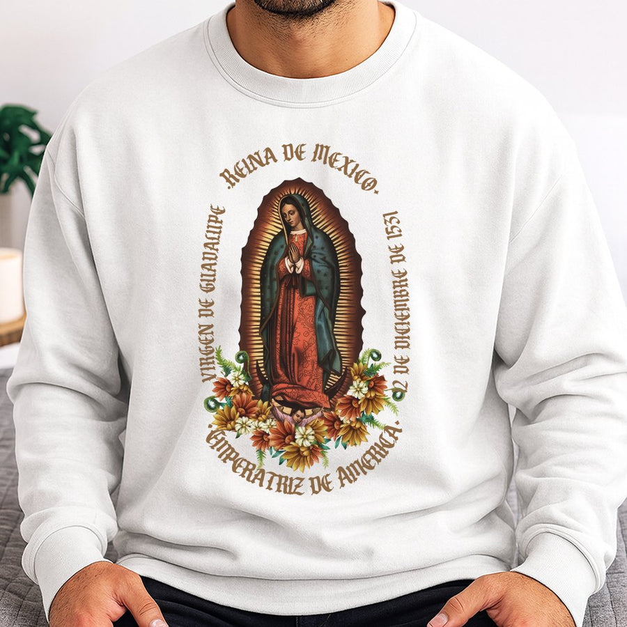 Virgin of Guadalupe Sweatshirt | Floral Religious Graphic Print | Premium Cotton Blend Crewneck | Christian Faith Gift for Men and Women
