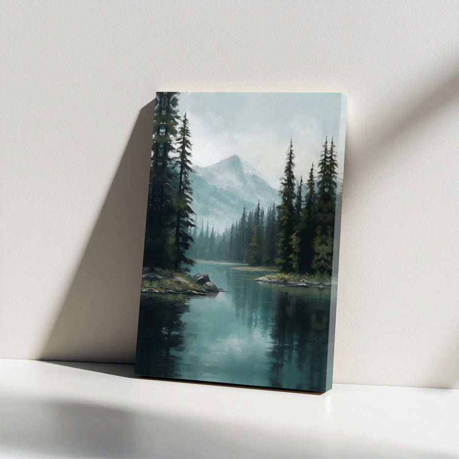 Misty Mountain Lake Canvas Wall Art | Serene Forest Landscape Painting | Premium Gallery Wrapped Canvas | Rustic Cabin Wall Decor Gift