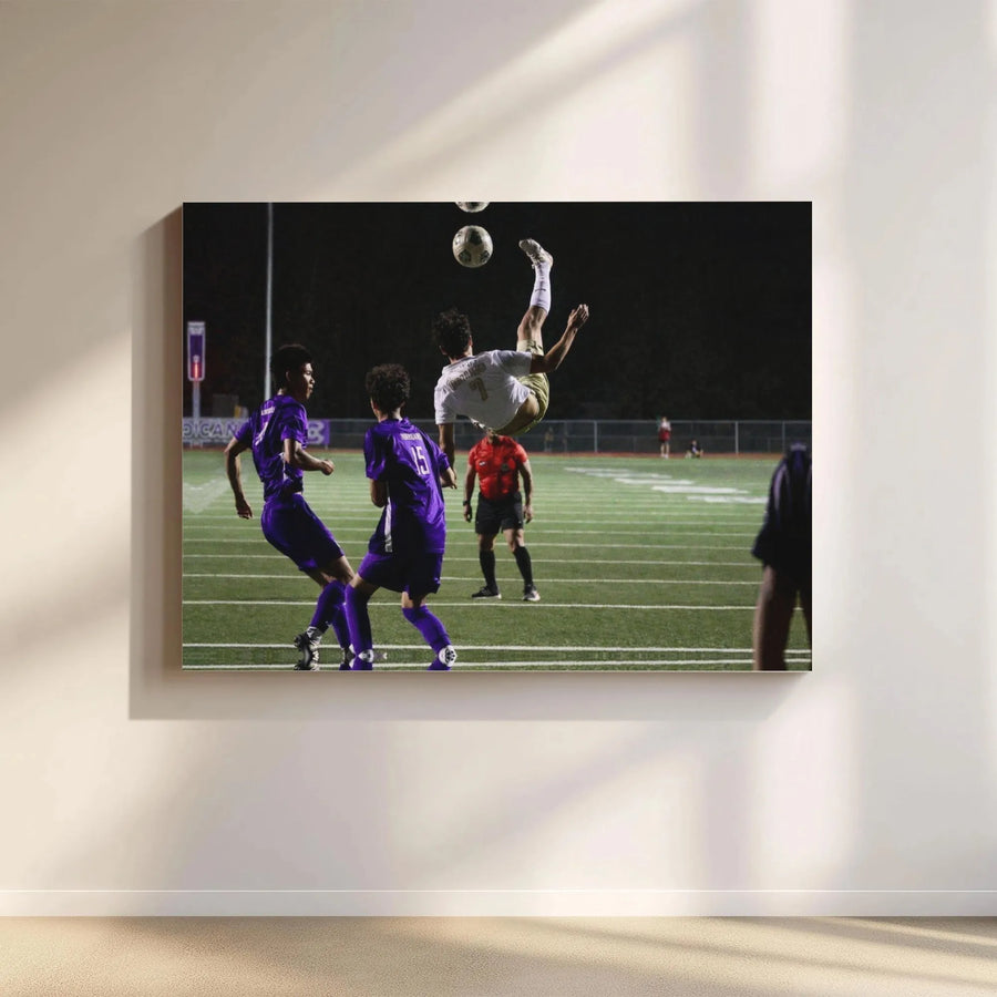 Soccer Bicycle Kick Canvas Wall Art | Action Shot Photography | Premium Gallery Wrapped Canvas | Gift for Soccer Player & Boys Room Decor